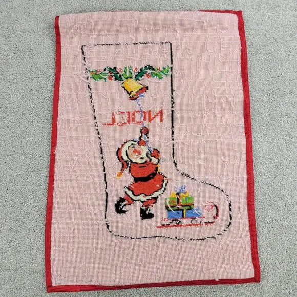 VTG Completed Needlepoint Christmas Stocking Kit Pink Wool Noel Santa Holiday